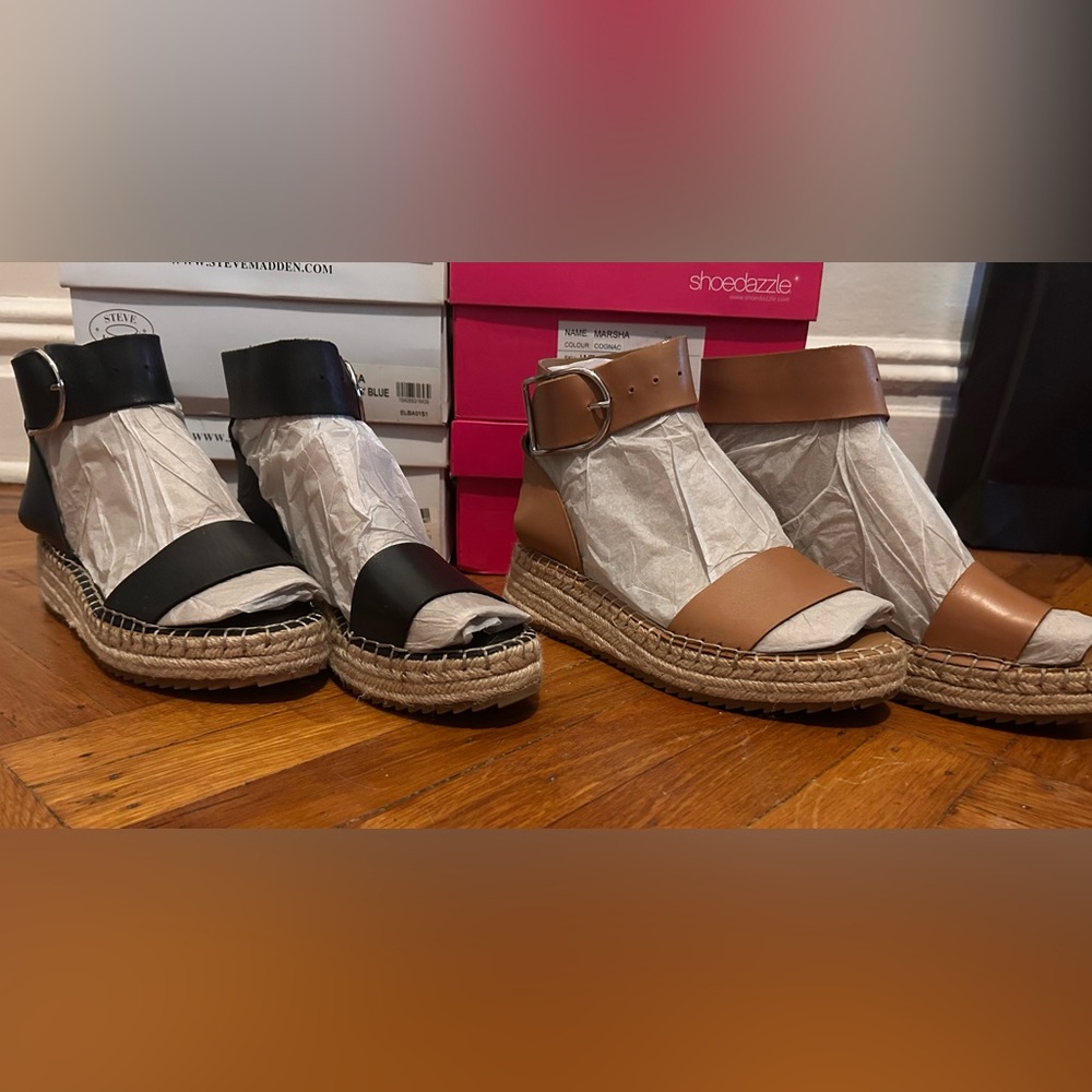 Franco Sarto Black and Tan Espadrille Sandals